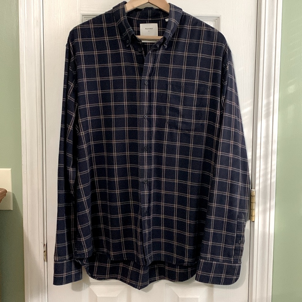 Billy Reid Navy Plaid Flannel Window Pane Button Front Shirt Men's Large